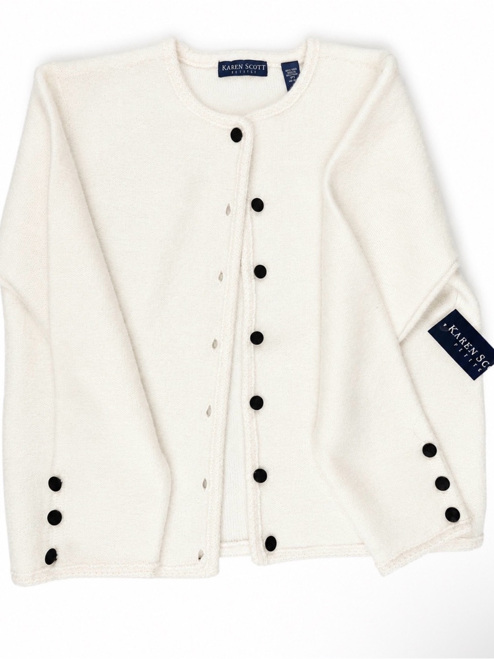 Karen Scott Cream Crewneck Cardigan with Black Buttons